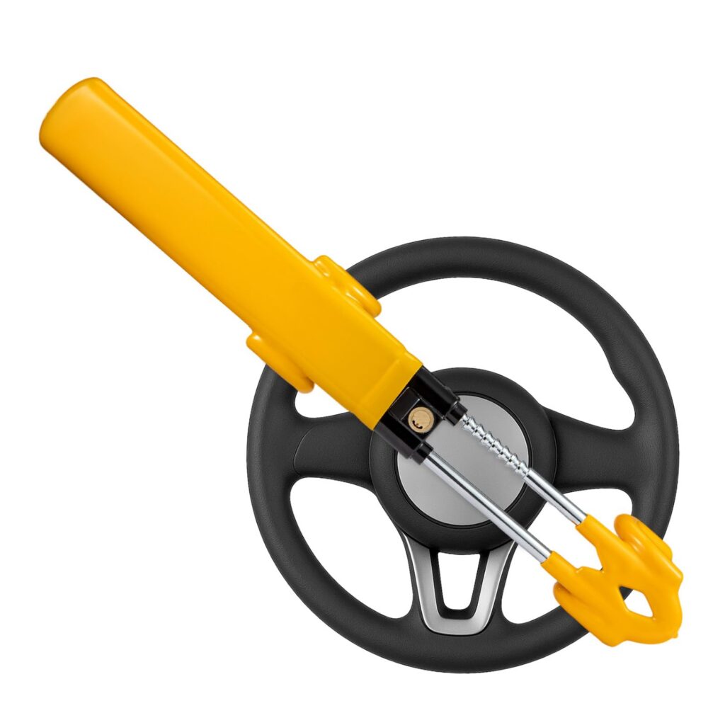 Minifactory Steering Wheel Lock Twin Bar Double Hook Heavy Duty Car Anti-Theft Device High Visibility Yellow Universal Fit Adjustable Length Anti-Scratch Vehicle Security Lock for Cars SUVs Trucks