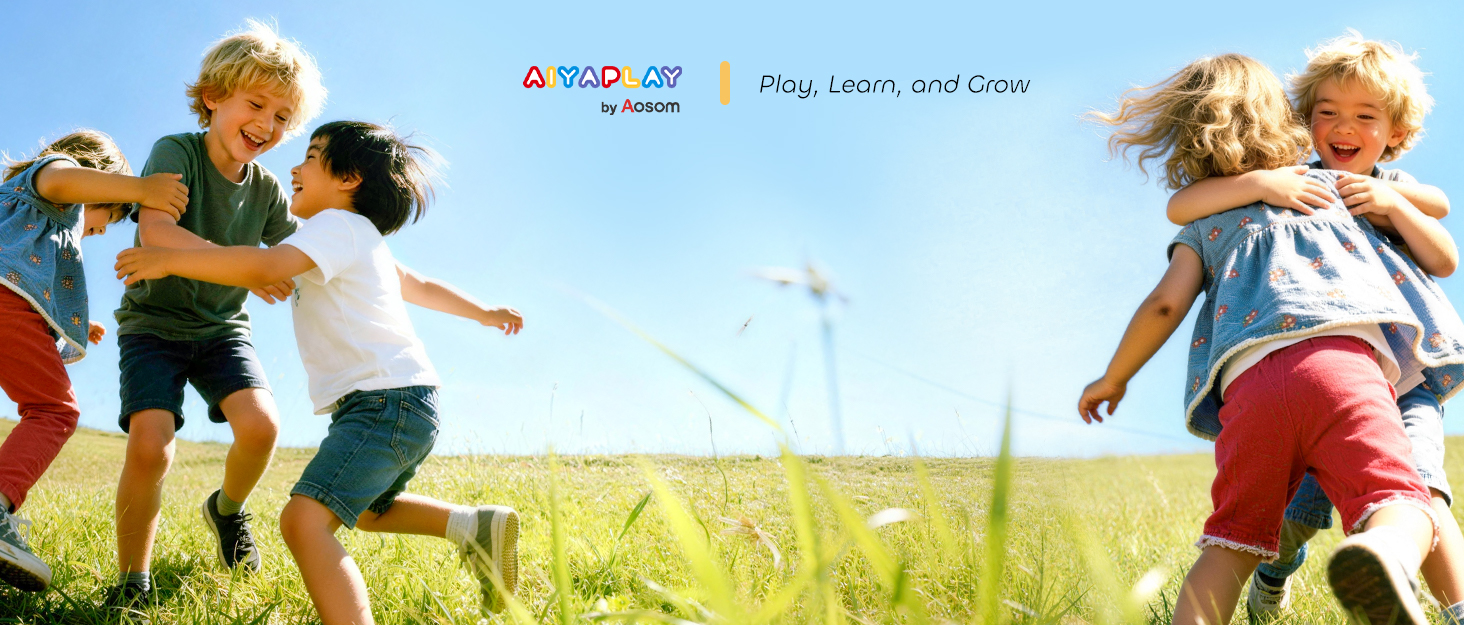 Series of action shots showing children playing outdoors in a sunny grassy field, capturing dynamic movement and activity.