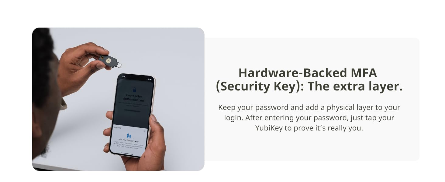 Text reads 'Hardware-Backed MFA (Security Key): The extra layer. Keep your account. It is safe about attacks in your safe-after scan is your password, but try your.' Hand holding small dark security key device.