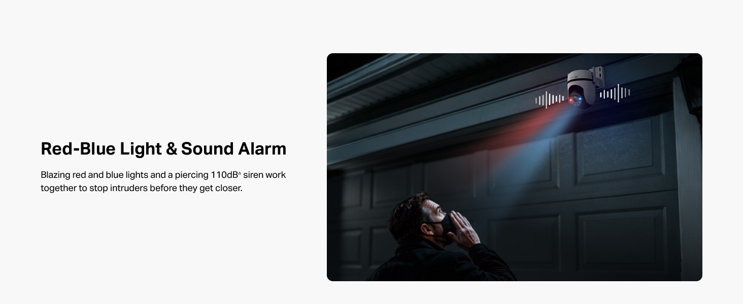 Text reads 'Red-Blue Light & Sound Alarm'. Image shows silhouette of person with alarm display screen illustration on dark background.