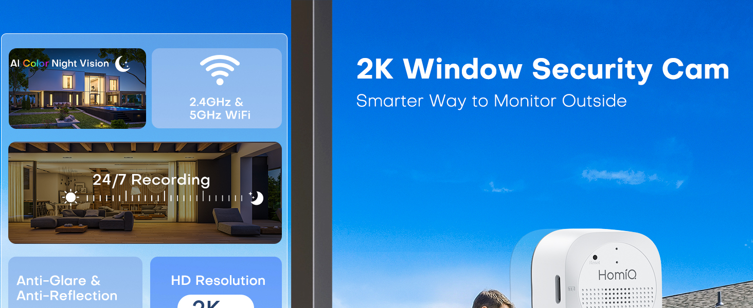 Text reads '2K Window Security Cam', 'Smarter Way to Monitor Outdoor', 'WiFi', 'HD Resolution'. White outdoor security camera mounted on building with blue sky background and product features highlighted.