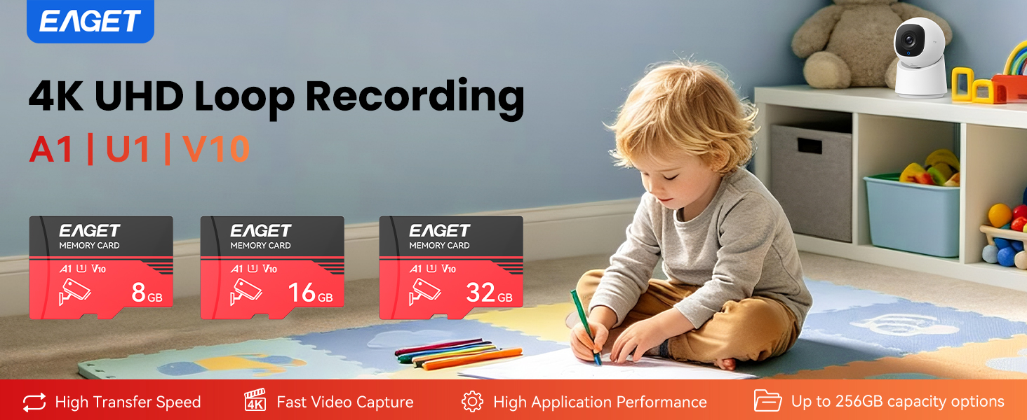 Text reads 'EAIJET', '4K UHD Loop Recording', 'A110111+', storage capacity options '64G', '128G', '256G', '512G', and 'High Resolution Speed' and 'Fast Video Playback'. Young child on playmat with recording device displayed alongside storage variants.