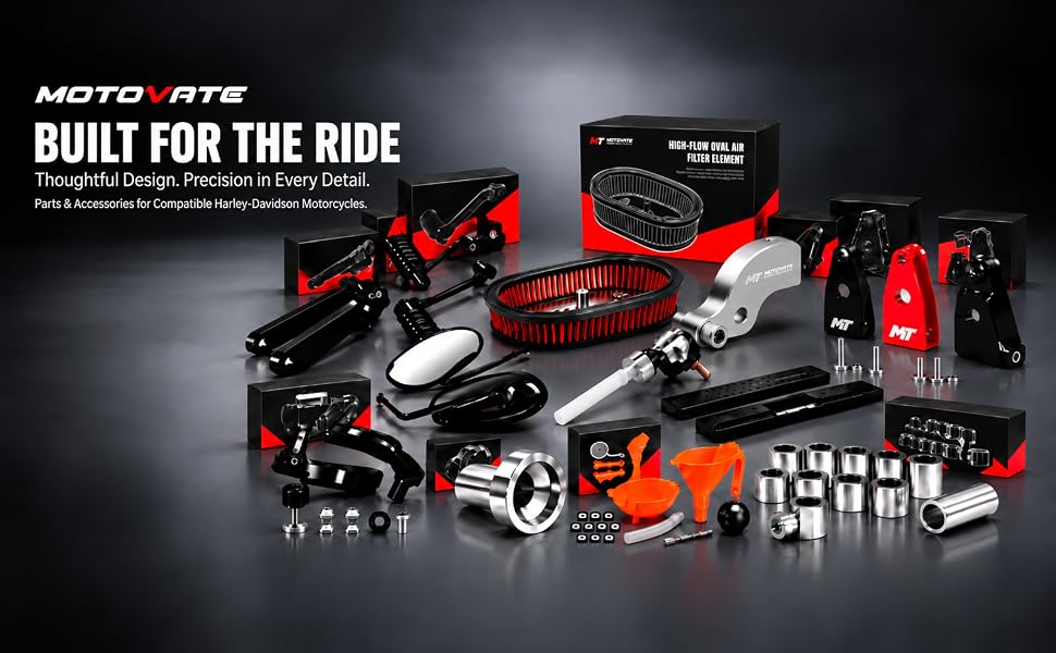 Text reads 'MOTO STYLE BUILT FOR THE RIDE'. Red and black motorcycle accessories, gear, and components arranged on dark background.