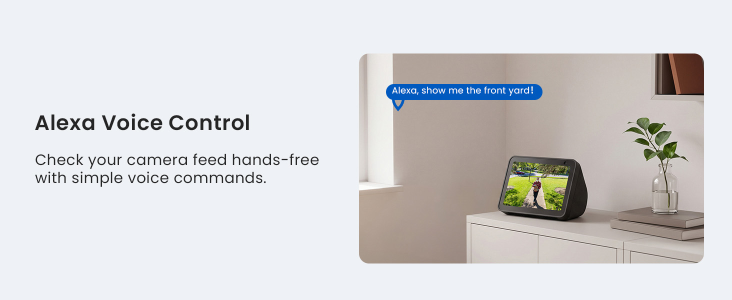 Text reads 'Alexa Voice Control' and 'Control your smart home hands-free with simple voice commands.' Smart home device with Alexa integration displayed on shelf next to indoor plants and home décor.