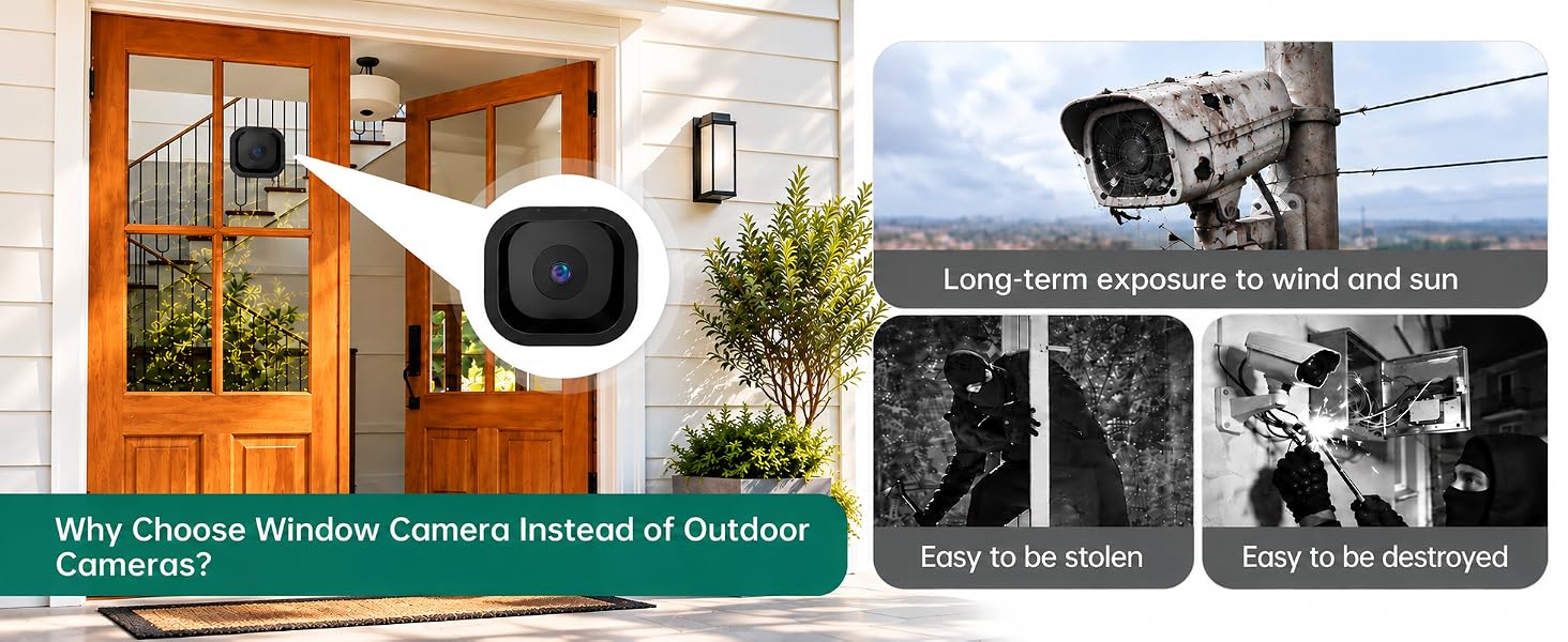 Text reads 'Why Choose Windows Over Instead Of Outdoor Cameras'. Composite showing wooden door with window, smartphone displaying security feed, and black and white surveillance photos.