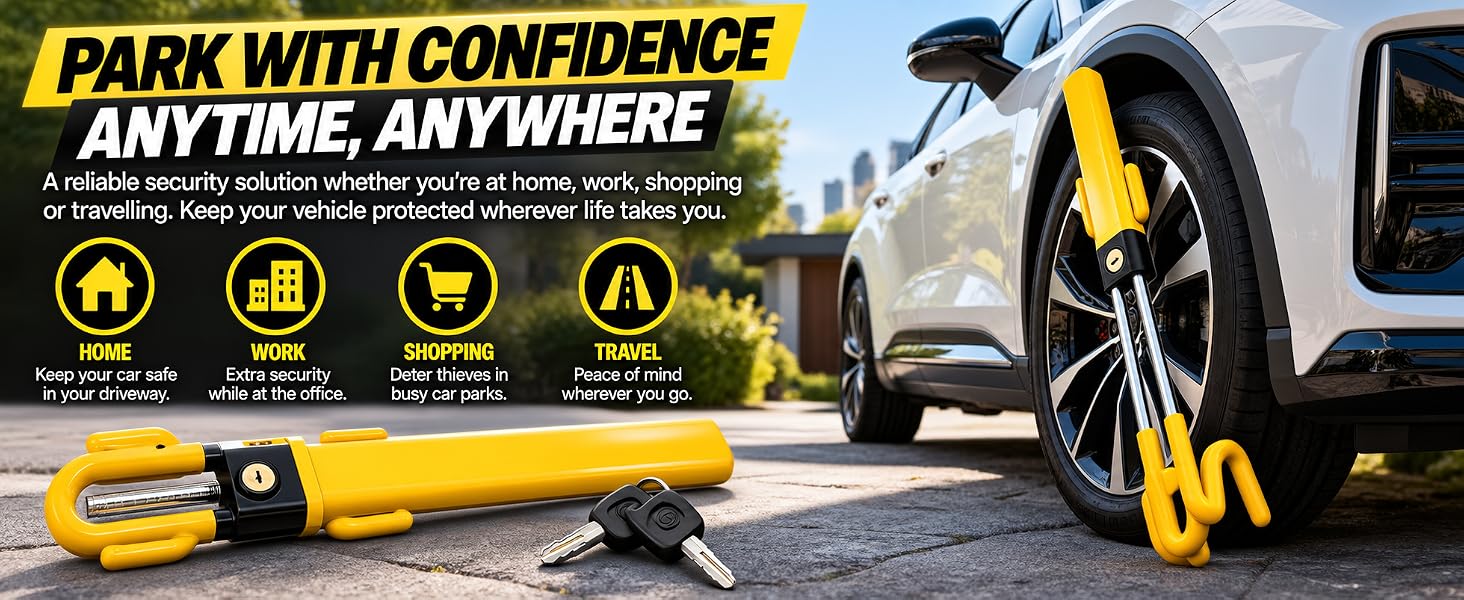 Text reads 'FIT'S MOST VEHICLES' and 'ADHESIVE OR ON'. Dashboard car camera mount with multiple vehicle compatibility images and installation method icons displayed on yellow and black banner background.