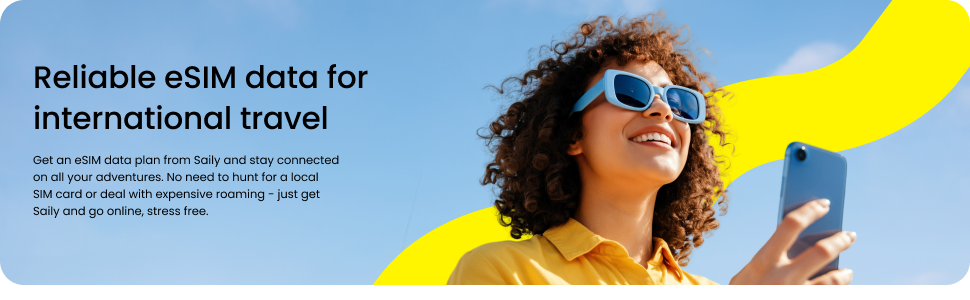 Text reads: 'Reliable eSIM data for international travel' with someone wearing sunglasses against yellow and blue background.