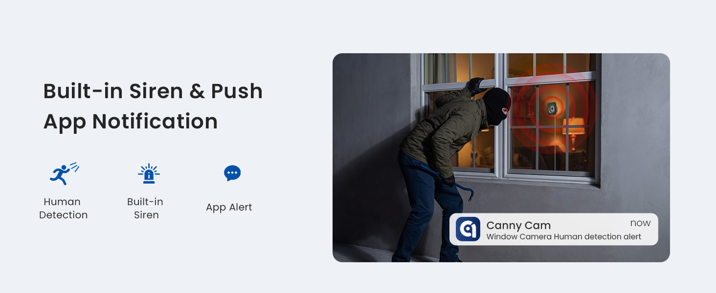 Text reads 'Built-in Siren & Push App Notification'. Demonstration image showing security camera mounted on building exterior with mobile app interface displaying alert notification on smartphone screen.
