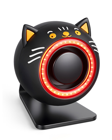 Black cat-shaped electronic device with glowing red LED ring light shown from multiple angles. Appears to be a speaker or smart device with illuminated elements.
