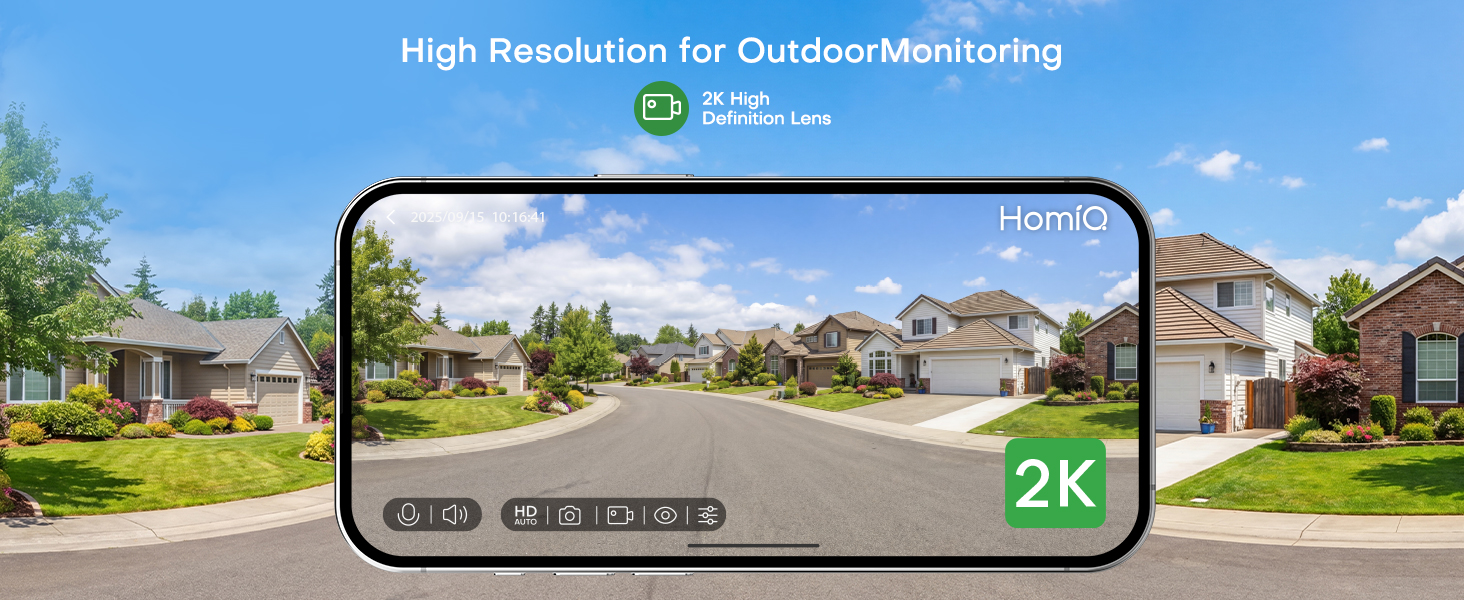 Text reads 'High Resolution for Outdoor Monitoring' and '2K'. Smartphone displaying aerial residential street view with 2K resolution indicator, demonstrating outdoor surveillance monitoring capability.
