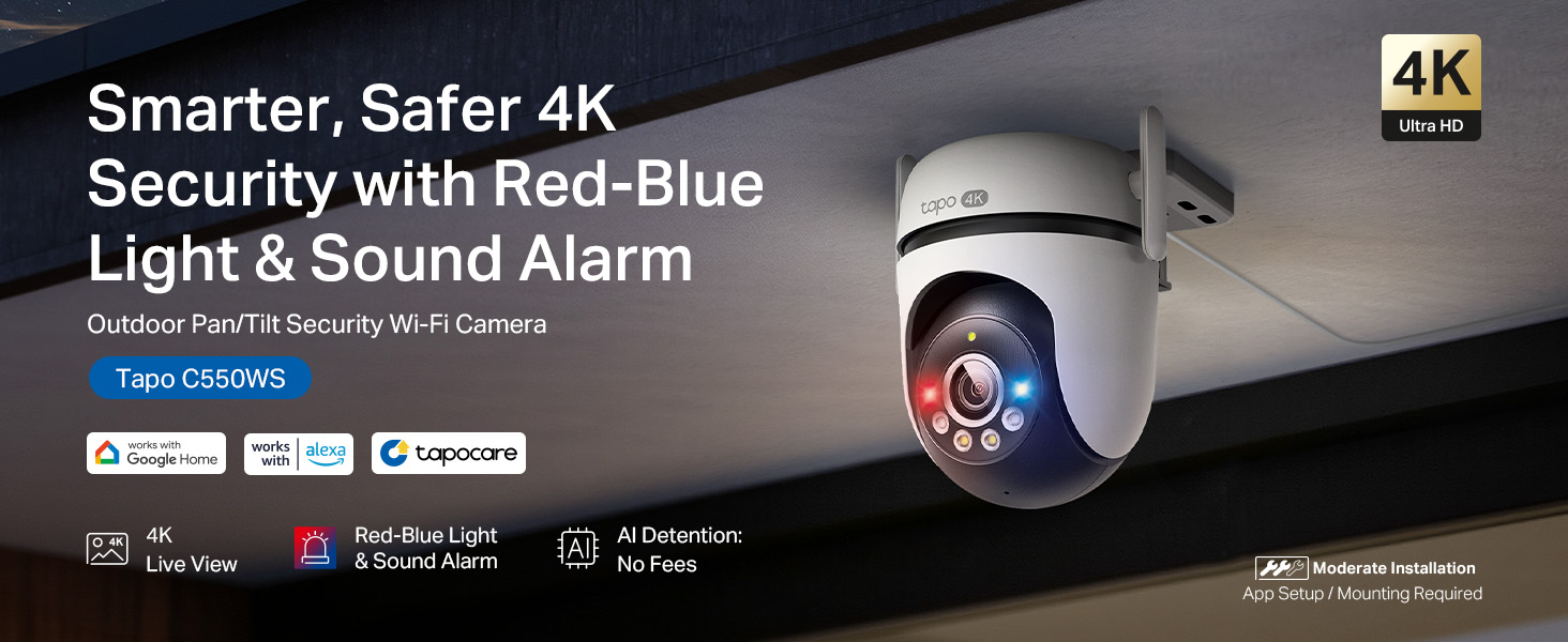 Text reads 'Smarter, Safer 4K Security with Red-Blue Light & Sound Alarm'. 4K security camera product advertisement with projection display functionality, featuring multiple tech specification badges and download buttons.