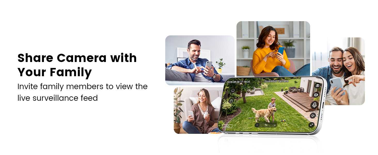 Text reads 'Share Camera with Your Family' and 'Invite family members to view the live surveillance feed'. Composite showing multiple family photos and a home security camera interface displaying live feed from different rooms and outdoor areas.