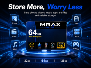 Text reads 'Reliable Protection', 'Anywhere', 'MRAX', '64'. Memory card packaging showing blue and white design with outdoor durability imagery and specification indicators including waterproof and shock-resistant symbols.